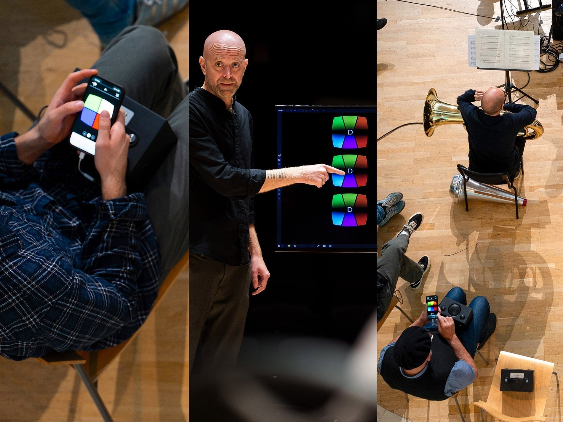 Philharmonic orchestra shares stage with speakers